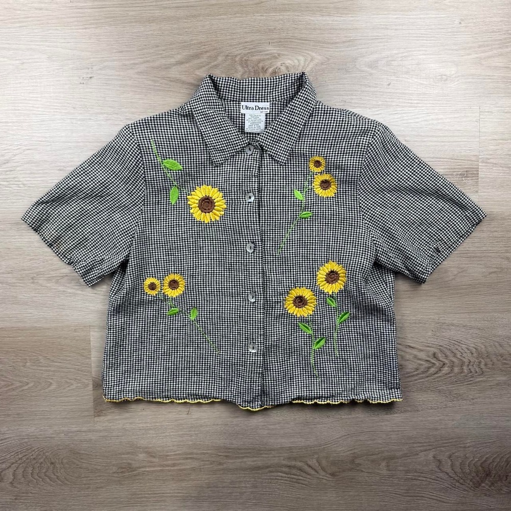 Vintage 90s Ultra Dress Gingham Sunflower Embroidered Linen Blend Top